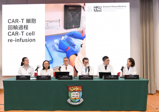 HKUMed takes the lead in adopting CAR-T cell therapy to treat a multiple myeloma patient, the first case in Hong Kong. Pictured (from left) Dr Karen Tang Hoi-ki, Dr Joycelyn Sim Pui-yin, Professor Kwong Yok-lam, Professor Eric Tse Wai-choi, Dr Thomas Chan Sau-yan and Dr Gloria Hwang Yu-yan.
 
